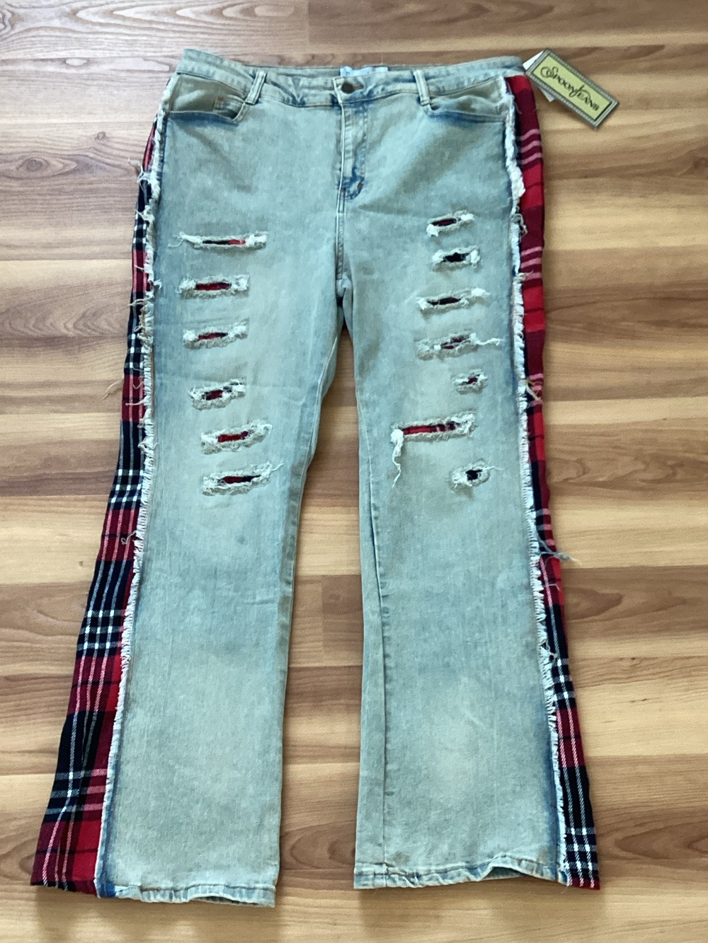Distressed Light Blue Flare Jeans with Red Plaid Side Trim